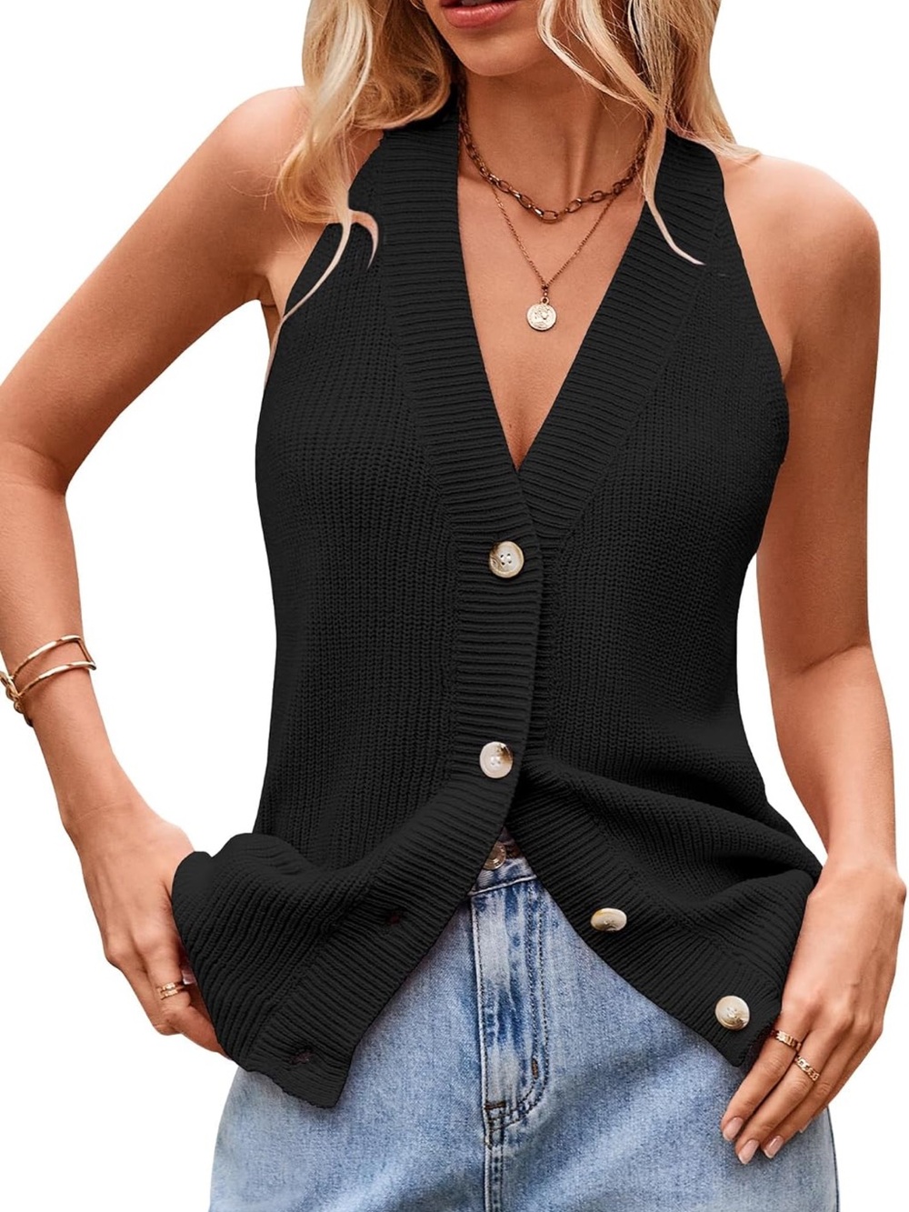Black Sleeveless V-Neck Button Knit Top